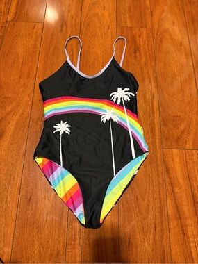 Limeapple Black Kids One-Piece Swimsuit with Rainbow Stripes & White Palms